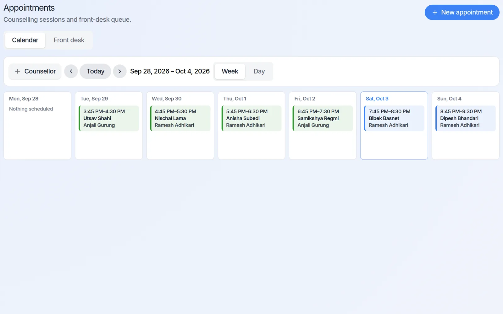Weekly appointments calendar