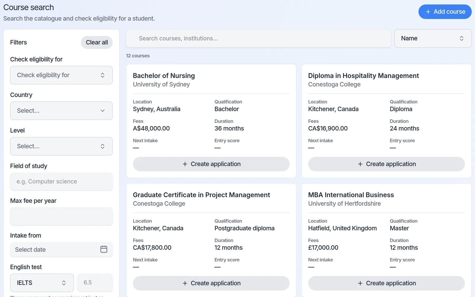 Course search with eligibility filters