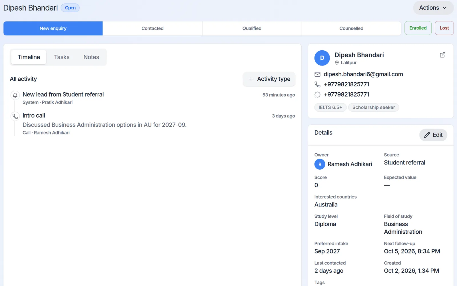 Lead detail with stage tracker and activity timeline