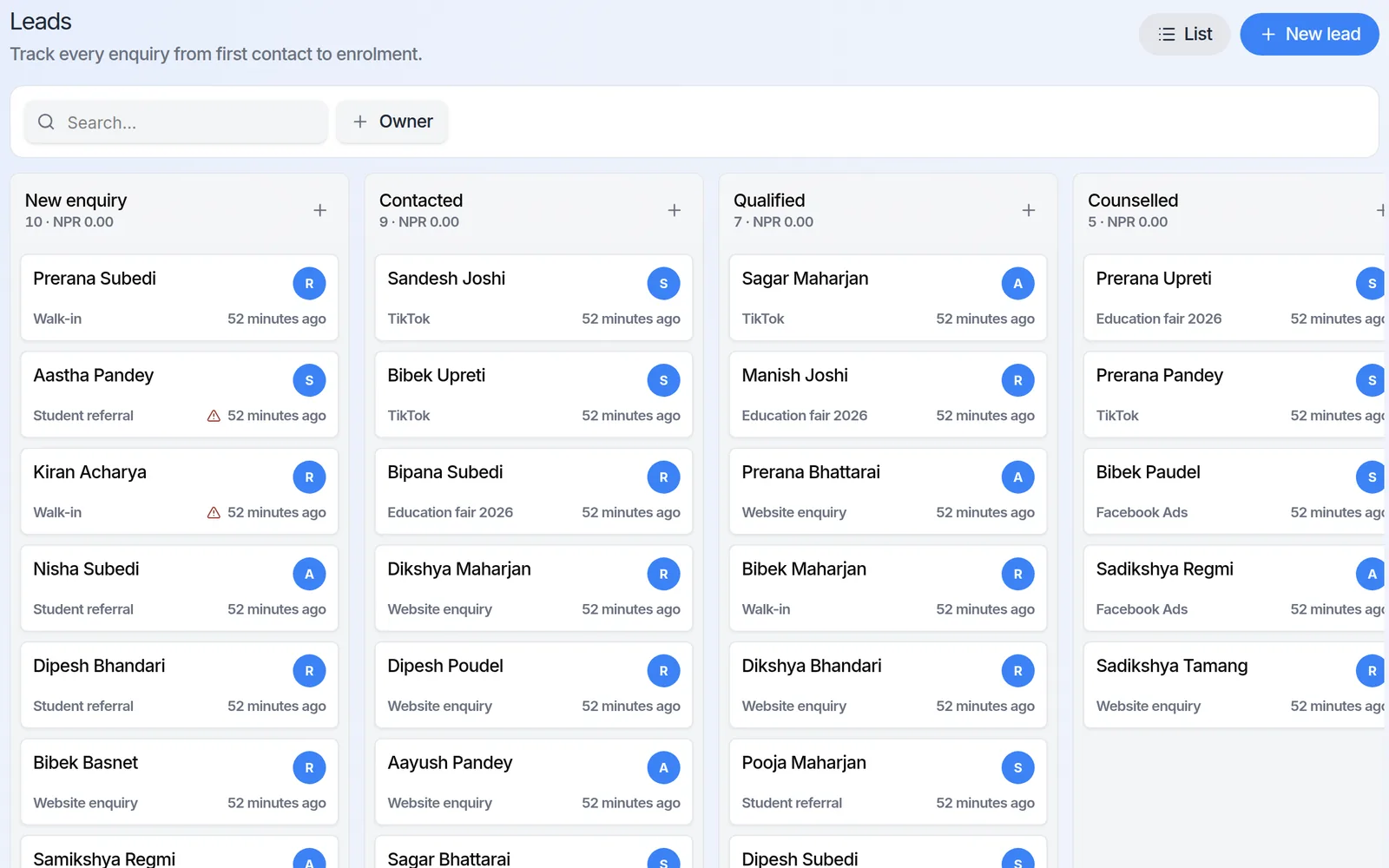 Kanban board of leads by stage
