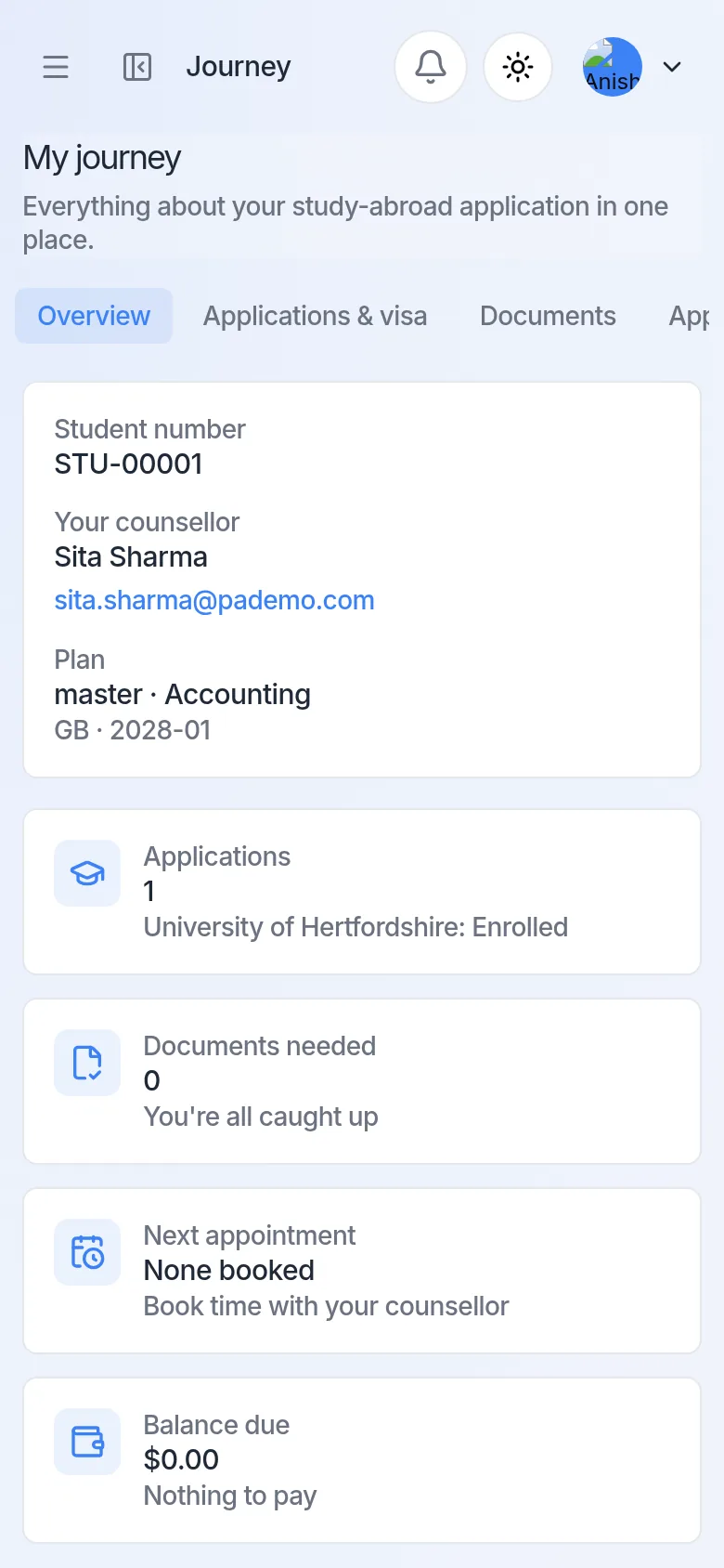 Student journey overview on a phone