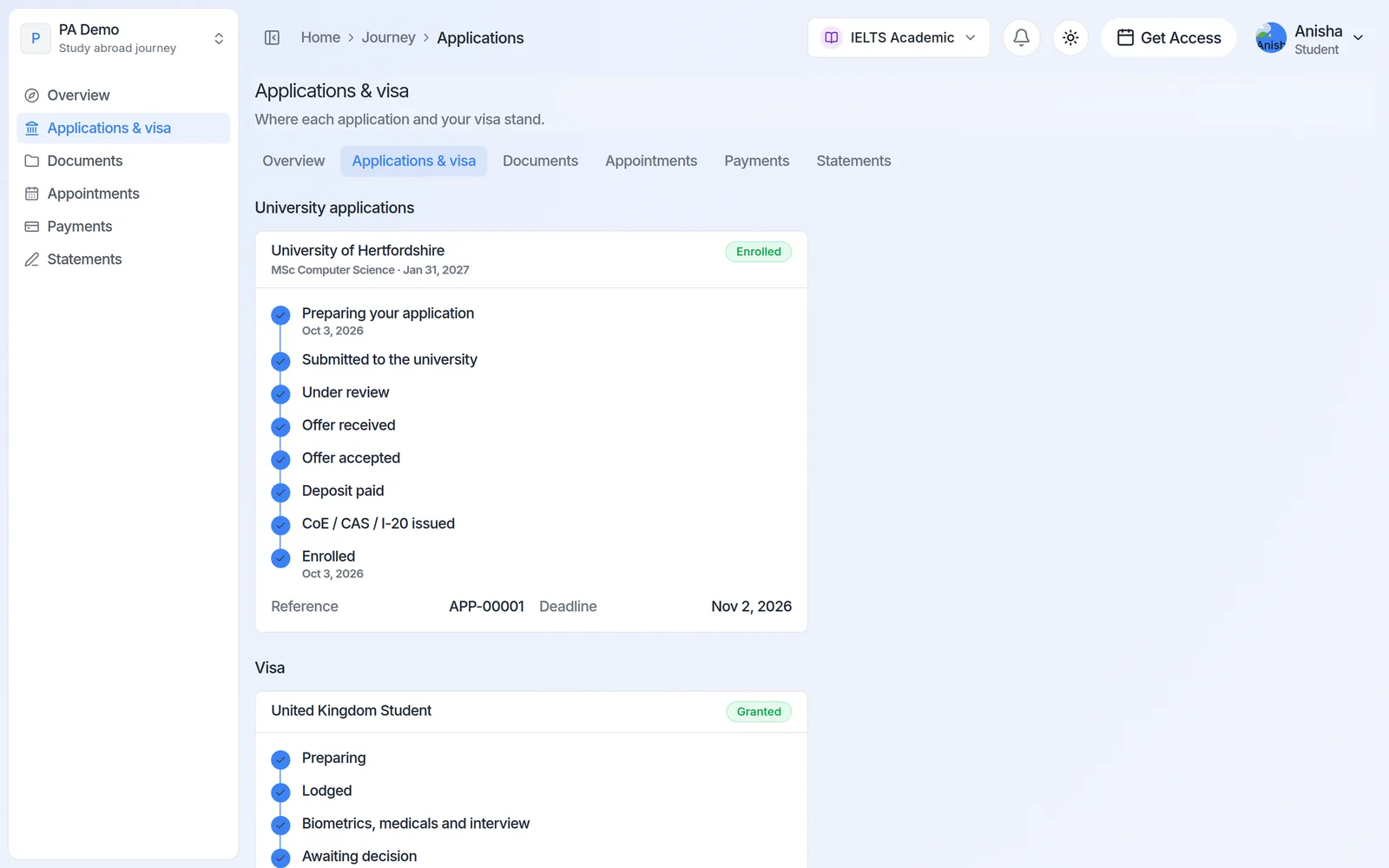 Student portal showing application and visa progress
